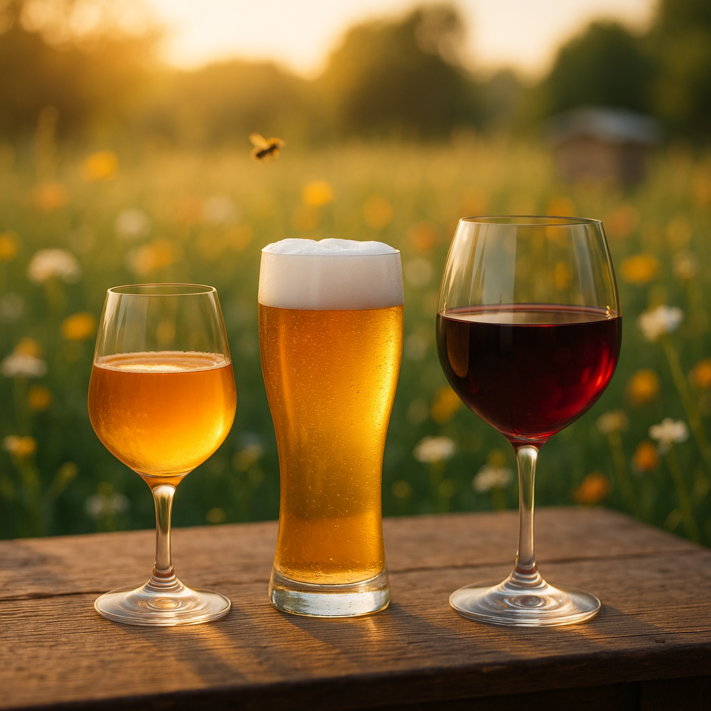 Glas med mjød, øl og vin på et rustikt bord i en blomstereng ved solnedgang.