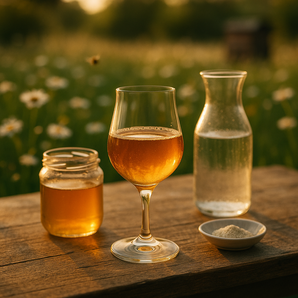 Glas mjød, honningkrukke, vandkaraffel og gær på et rustikt bord i en blomstereng ved solnedgang.