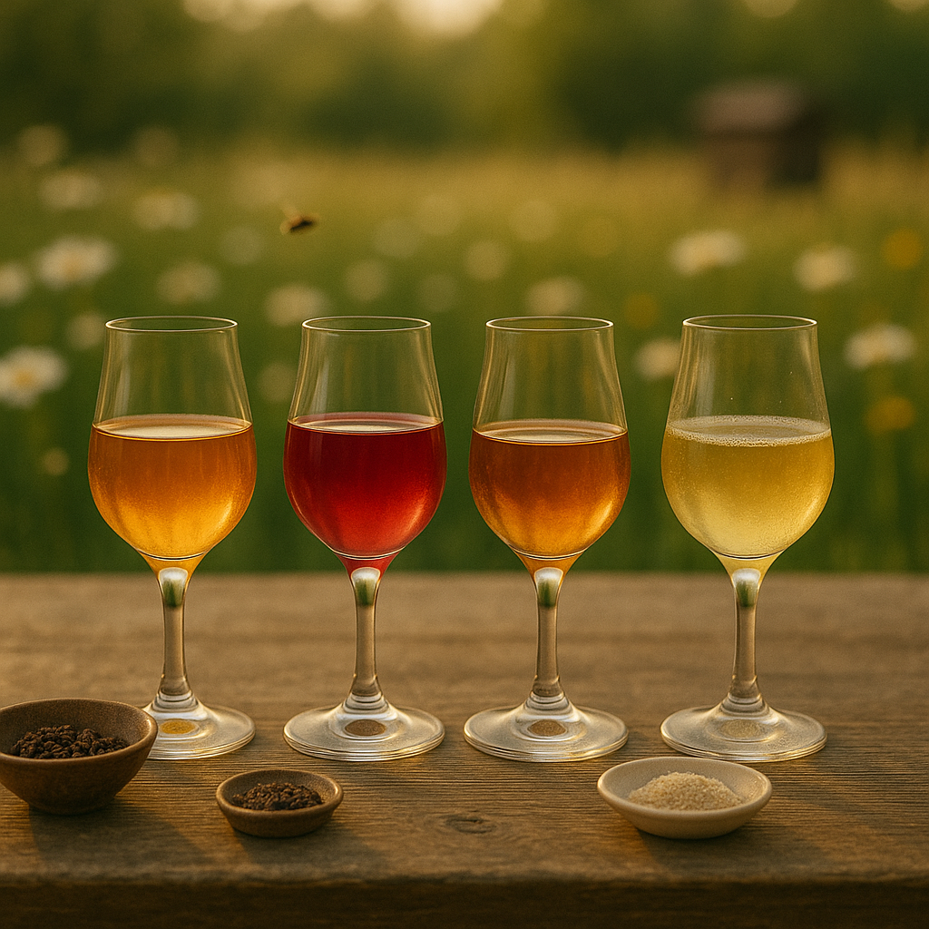 Smagspanel med klassiske mjødtyper – traditionel, melomel, bochet og hydromel – på et rustikt bord i en blomstereng ved solnedgang.
